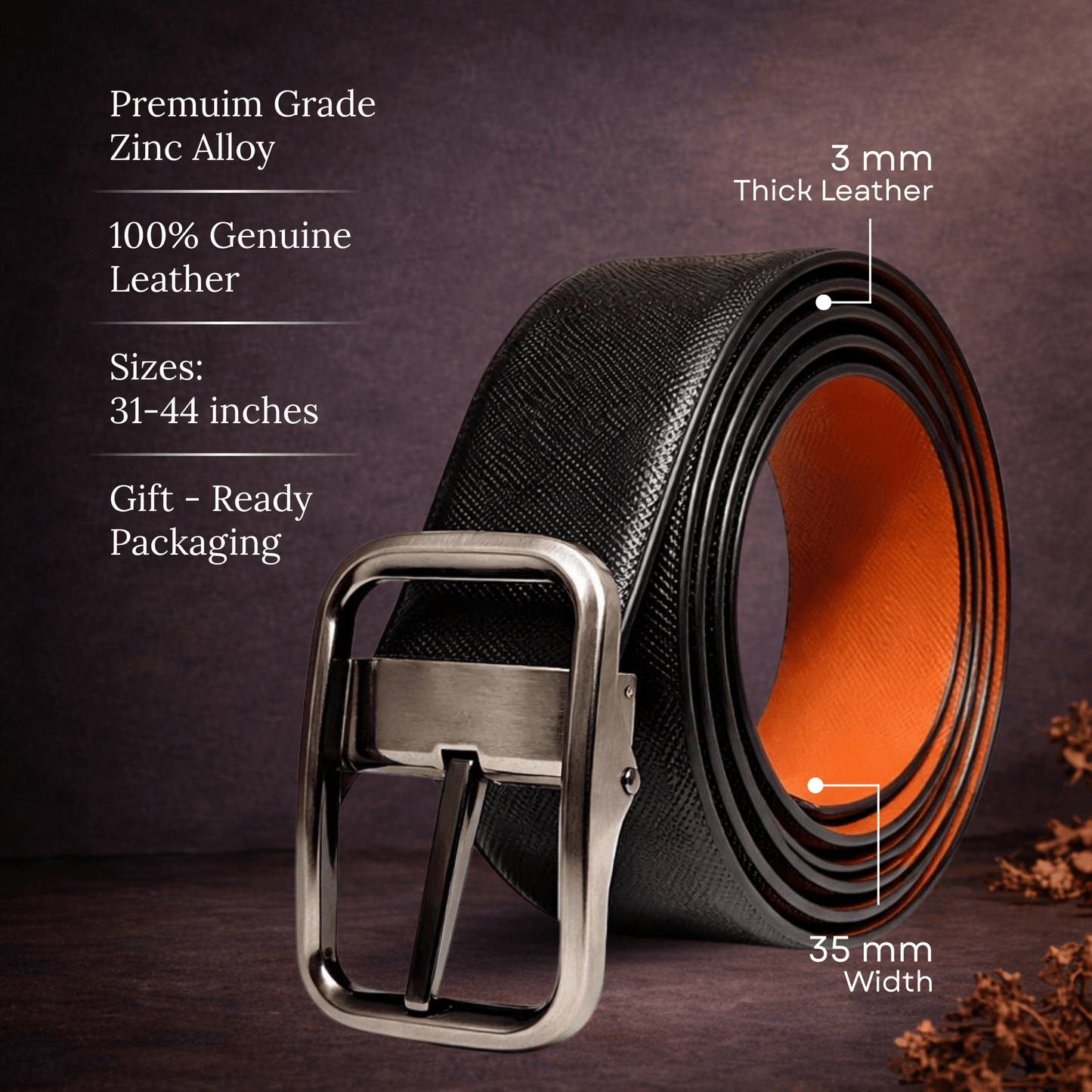 THE MEN THING Leather Belts ONYX IGNITE BLACK - Premium Genuine Leather Reversible Belt for Men & Boys | Durable & Stylish for Everyday Wear