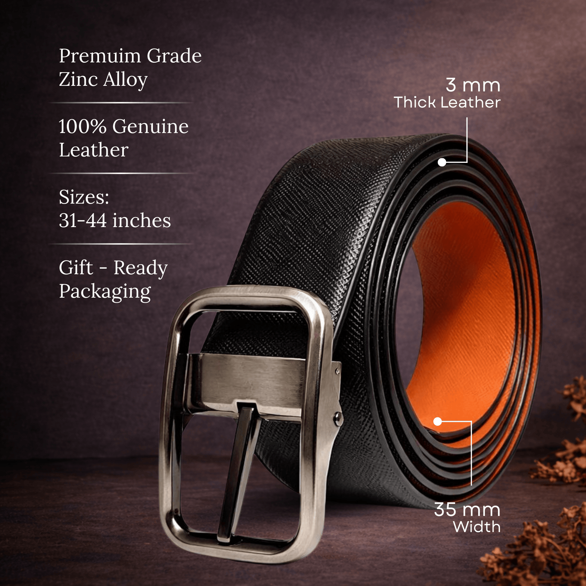 THE MEN THING Leather Belts ONYX IGNITE BLACK - Premium Genuine Leather Reversible Belt for Men & Boys | Durable & Stylish for Everyday Wear