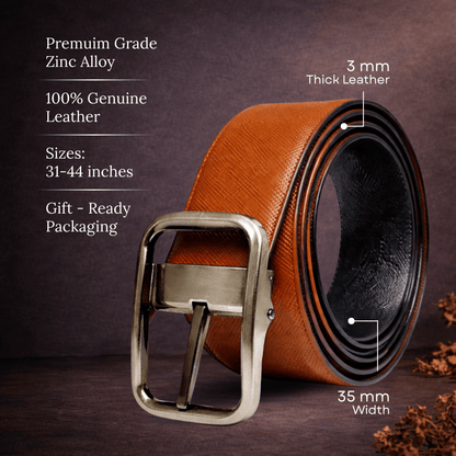 THE MEN THING Leather Belts ONYX IGNITE BROWN - Premium Genuine Leather Reversible Belt for Men & Boys | Durable & Stylish for Everyday Wear