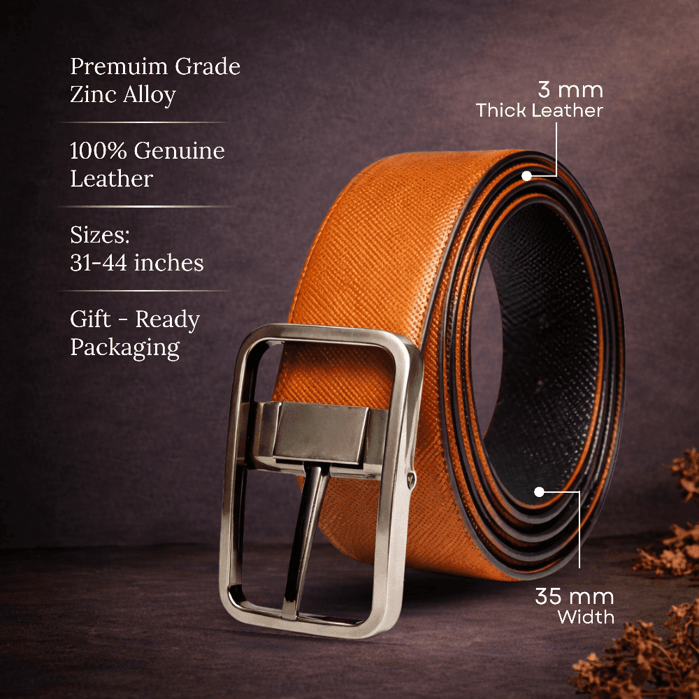 THE MEN THING Leather Belts ONYXCORE BROWN - Premium Genuine Leather Reversible Belt for Men & Boys | Durable & Stylish for Everyday Wear