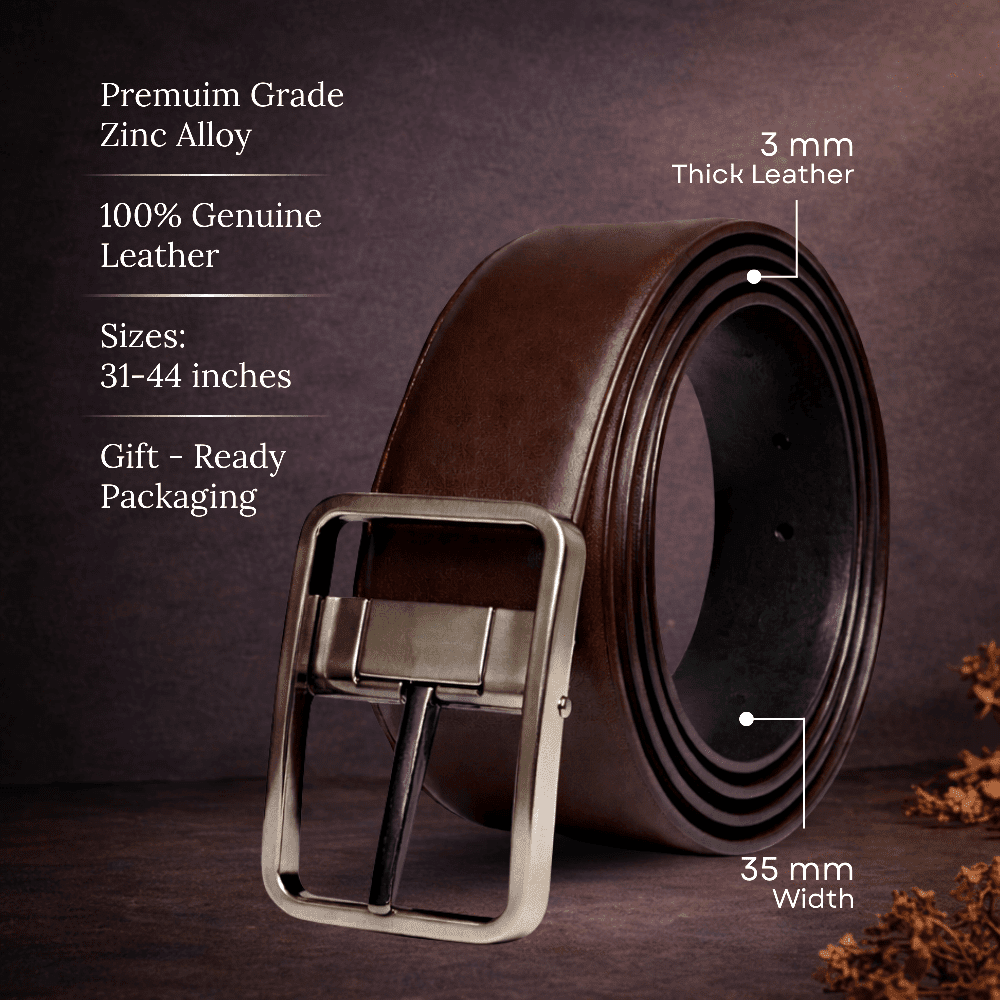 THE MEN THING Leather Belts PRIMEDUAL BROWN - Premium Genuine Leather Reversible Belt for Men & Boys | Durable & Stylish for Everyday Wear
