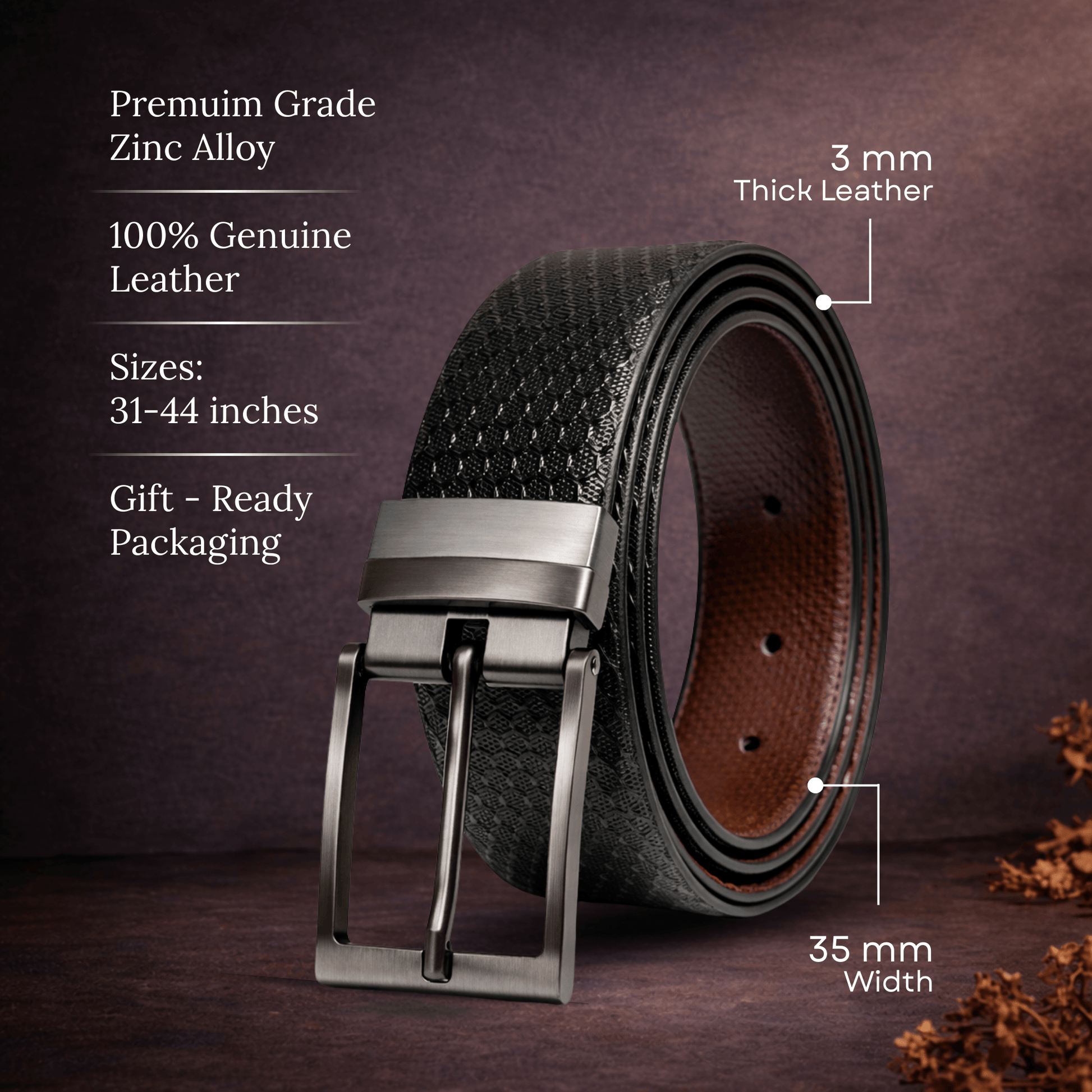 THE MEN THING Leather Belts STRIVO BLACK - Premium Genuine Leather Reversible Belt for Men & Boys | Durable & Stylish for Everyday Wear