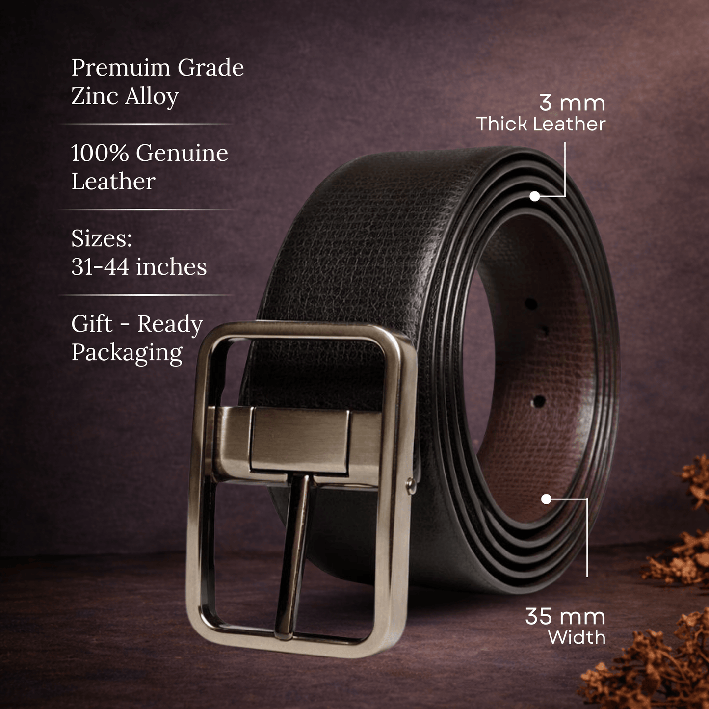 THE MEN THING Leather Belts URBAN EMPEROR BLACK - Premium Genuine Leather Reversible Belt for Men & Boys | Durable & Stylish for Everyday Wear