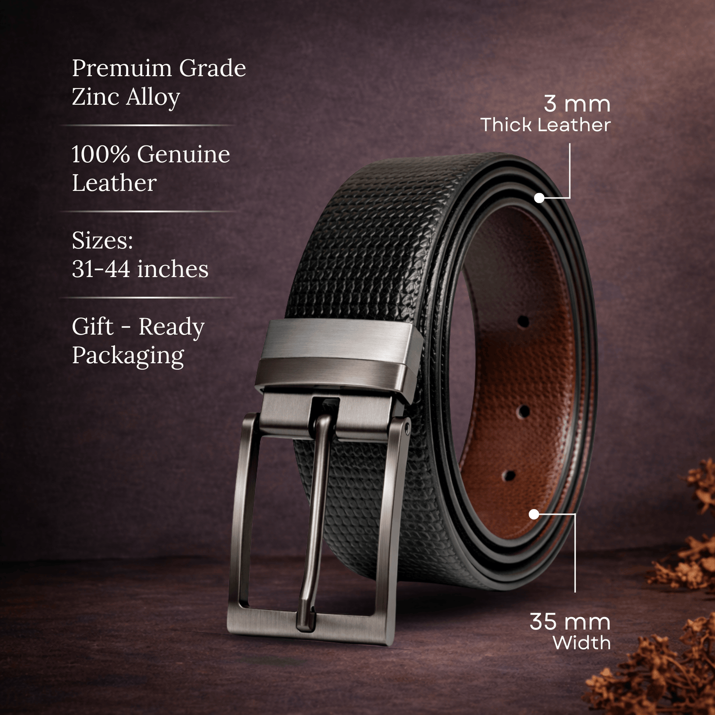 THE MEN THING Leather Belts VALTOR BLACK - Premium Genuine Leather Reversible Belt for Men & Boys | Durable & Stylish for Everyday Wear