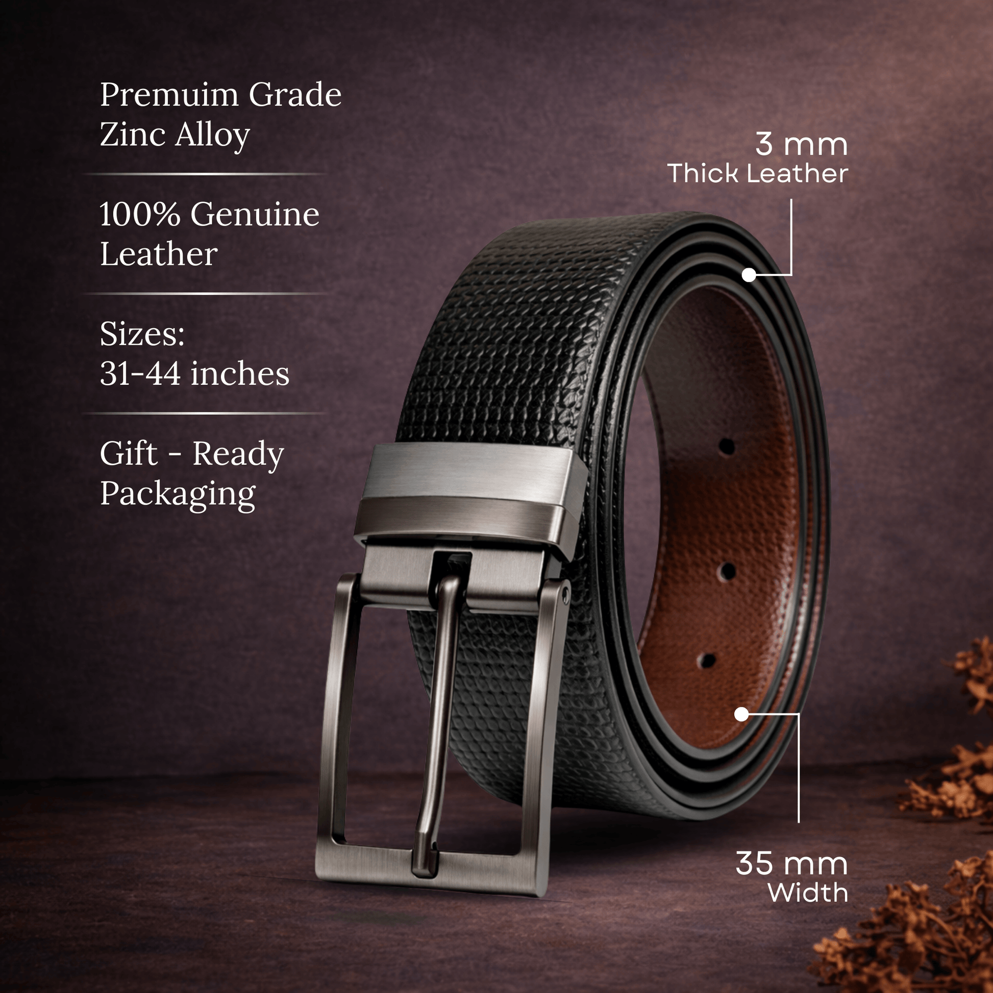 THE MEN THING Leather Belts VALTOR BLACK - Premium Genuine Leather Reversible Belt for Men & Boys | Durable & Stylish for Everyday Wear
