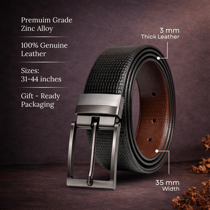 THE MEN THING Leather Belts VALTOR BLACK - Premium Genuine Leather Reversible Belt for Men & Boys | Durable & Stylish for Everyday Wear