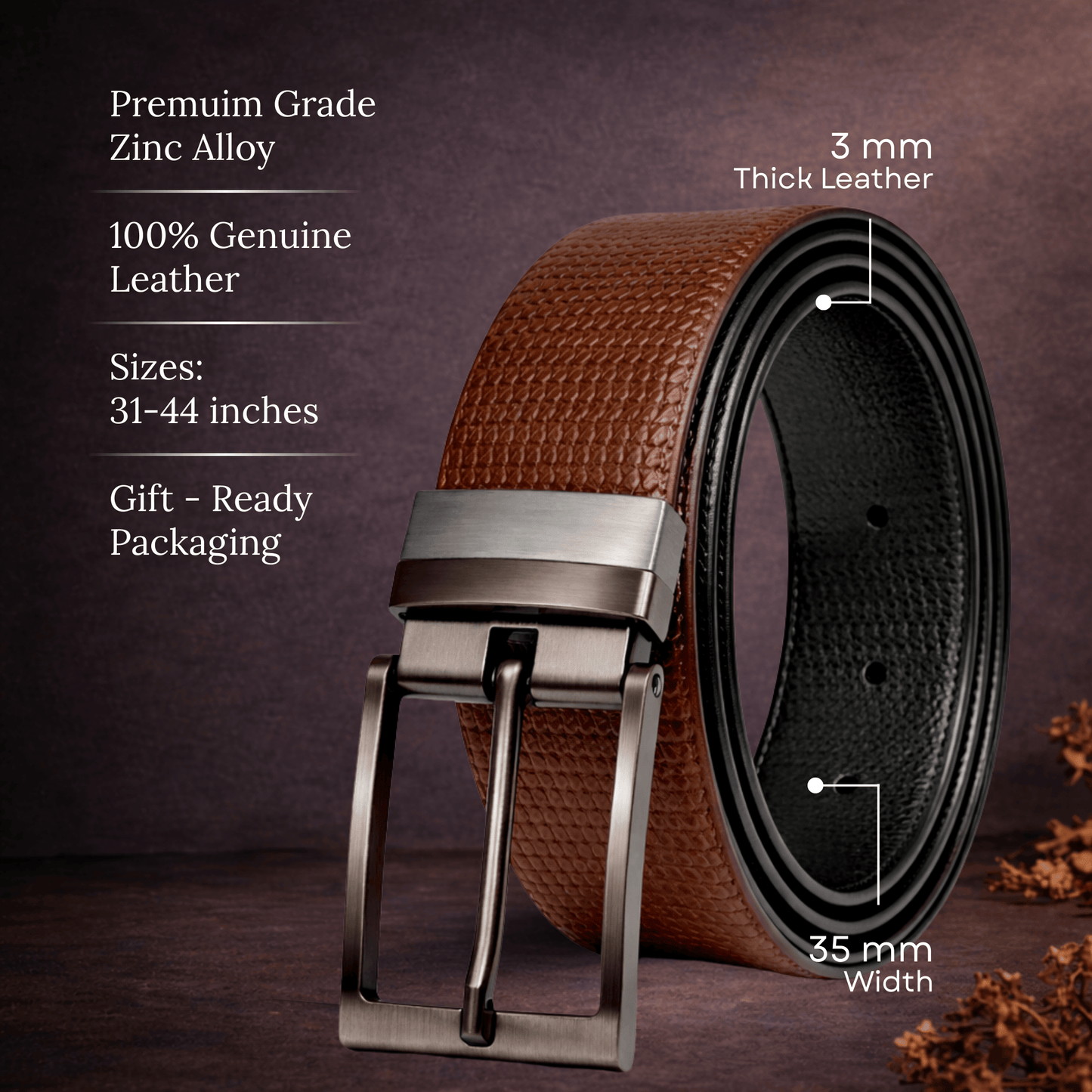 THE MEN THING Leather Belts VALTOR BROWN - Premium Genuine Leather Reversible Belt for Men & Boys | Durable & Stylish for Everyday Wear