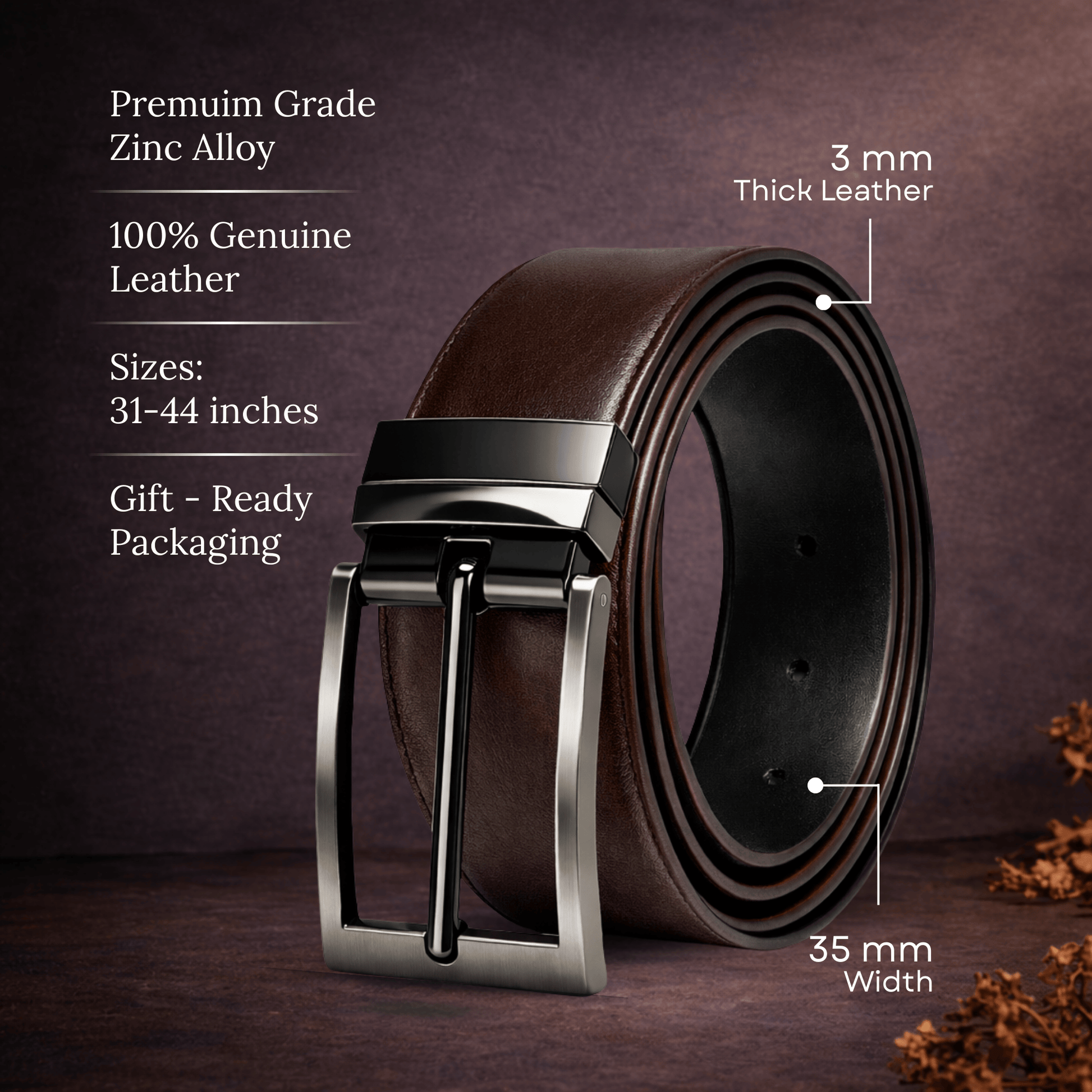 THE MEN THING Leather Belts VANTHOR BROWN - Premium Genuine Leather Reversible Belt for Men & Boys | Durable & Stylish for Everyday Wear