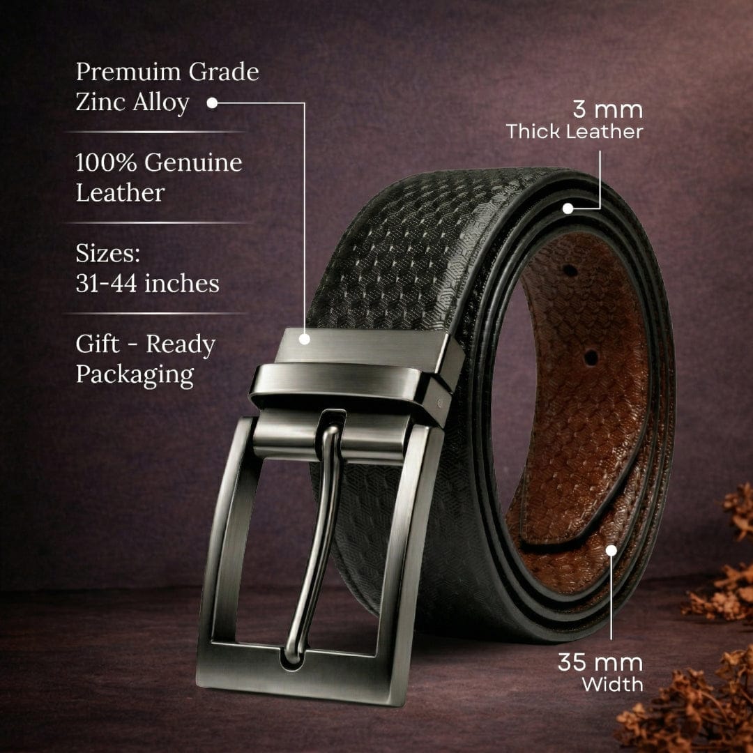 THE MEN THING Leather Belts VELTRON BLACK - Premium Genuine Leather Reversible Belt for Men & Boys | Durable & Stylish for Everyday Wear