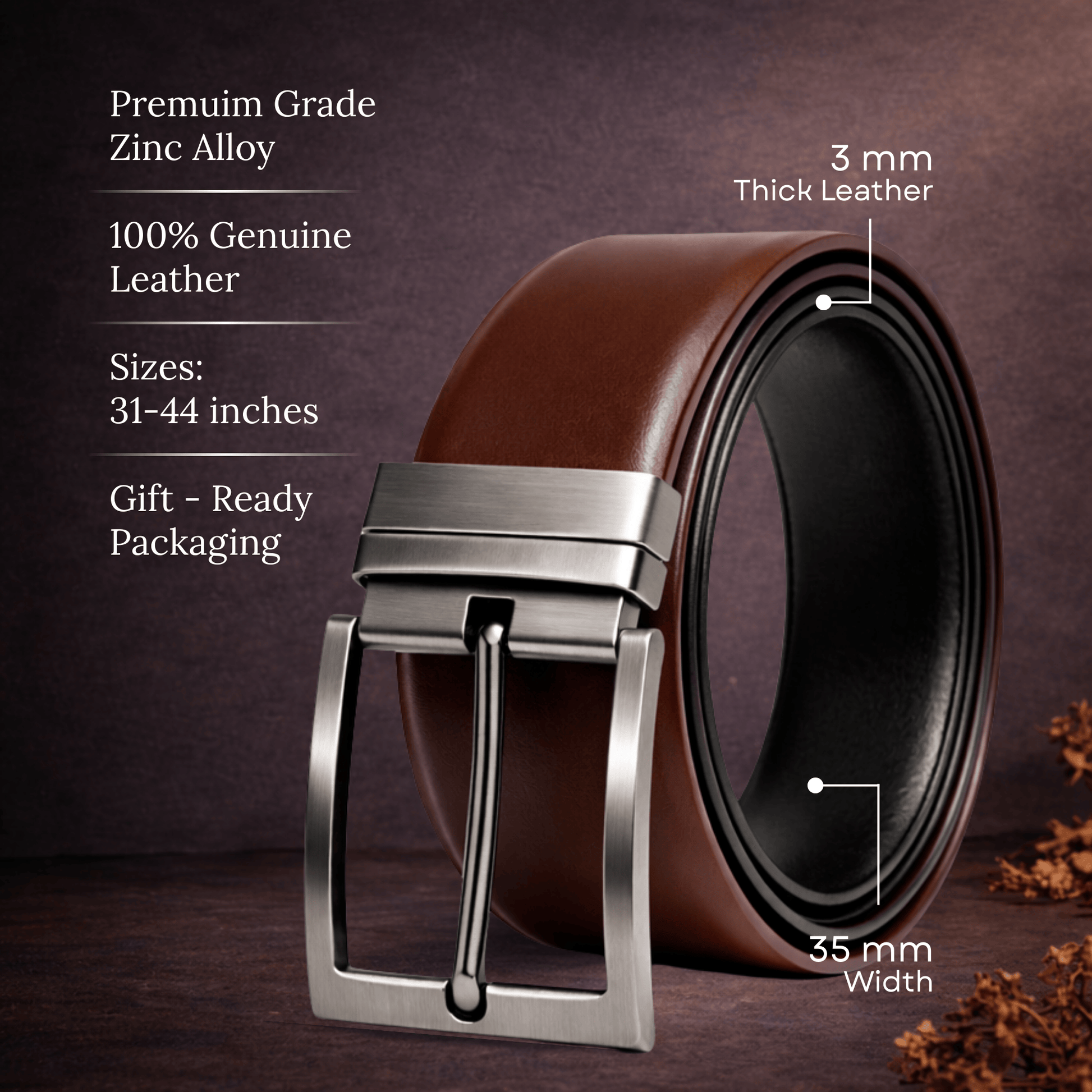 THE MEN THING Leather Belts VEXARO BROWN - Premium Genuine Leather Reversible Belt for Men & Boys | Durable & Stylish for Everyday Wear