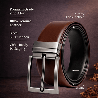 THE MEN THING Leather Belts VEXARO BROWN - Premium Genuine Leather Reversible Belt for Men & Boys | Durable & Stylish for Everyday Wear