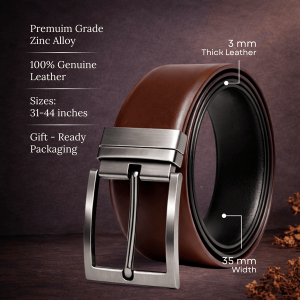 Mens Genuine Leather Belt | 2 in 1 Reversible (Brown & Black) (1 Pc.) - VEXARO