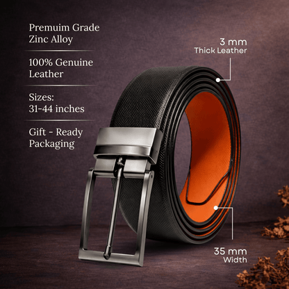THE MEN THING Leather Belts VOLTEX BLACK - Premium Genuine Leather Reversible Belt for Men & Boys | Durable & Stylish for Everyday Wear