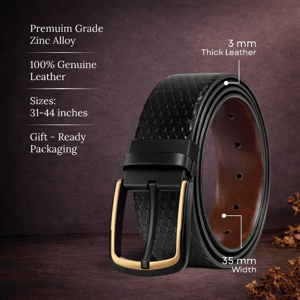 THE MEN THING Leather Belts WOVENLUX BLACK - Premium Genuine Leather Reversible Belt for Men & Boys | Durable & Stylish for Everyday Wear