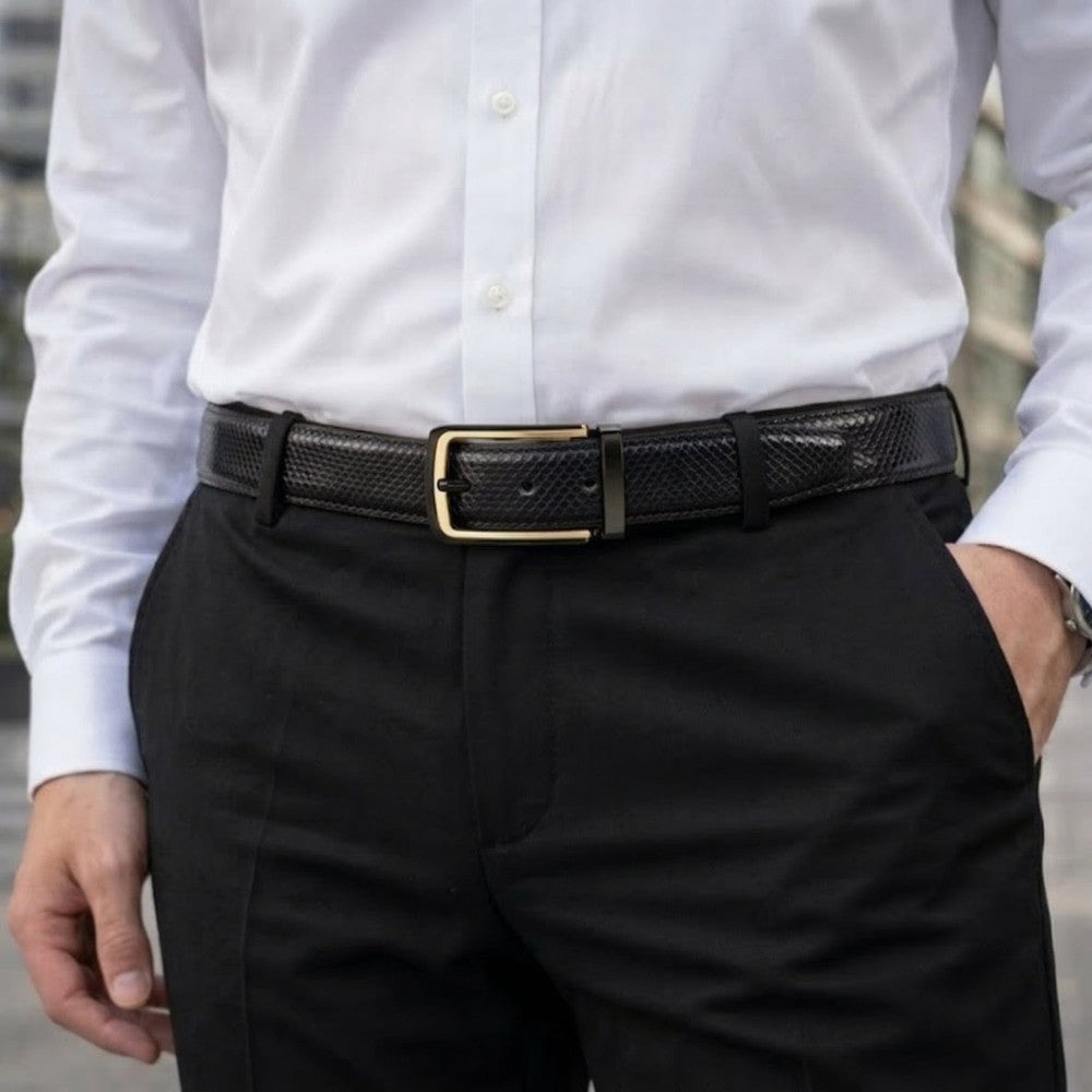 THE MEN THING Leather Belts WOVENLUX BLACK - Premium Genuine Leather Reversible Belt for Men & Boys | Durable & Stylish for Everyday Wear