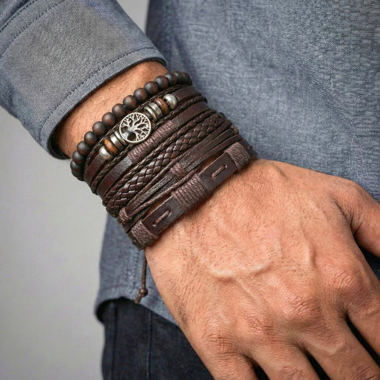 THE MEN THING Leather Bracelet 6 Pcs Genuine Leather Adjustable Bracelet Set for Men & Boys (8 inch)
