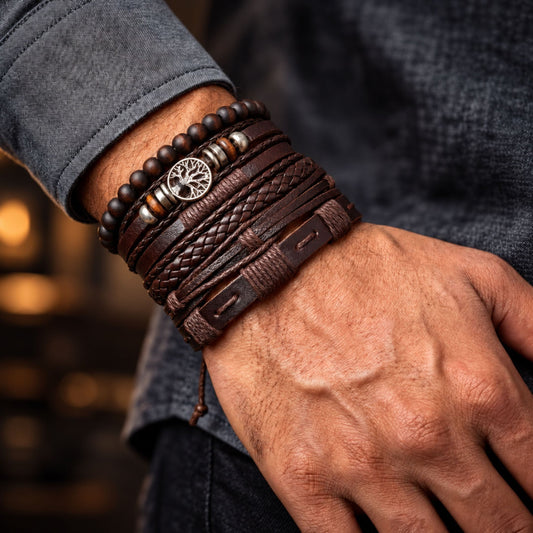 THE MEN THING Leather Bracelet 6 Pcs Genuine Leather Adjustable Bracelet Set for Men & Boys (8 inch)