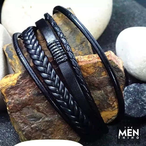 एड्रोनिक्स ब्लैक - लेदर ब्रेसलेट, पुरुषों और लड़कों के लिए स्टेनलेस स्टील मैग्नेटिक बकल के साथ लेदर मल्टी-लेयर ब्रेसलेट