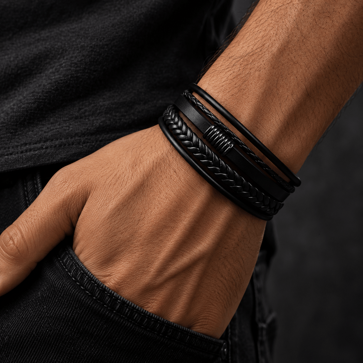 THE MEN THING Leather Bracelet ADRONIX BLACK - Leather Bracelet, Leather Multi-Layer Bracelet with Stainless Steel Magnetic Buckle for Men & Boys