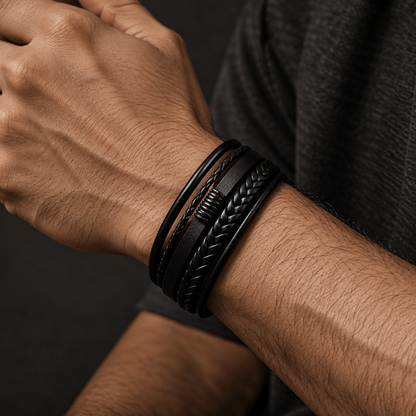 THE MEN THING Leather Bracelet ADRONIX BLACK - Leather Bracelet, Leather Multi-Layer Bracelet with Stainless Steel Magnetic Buckle for Men & Boys