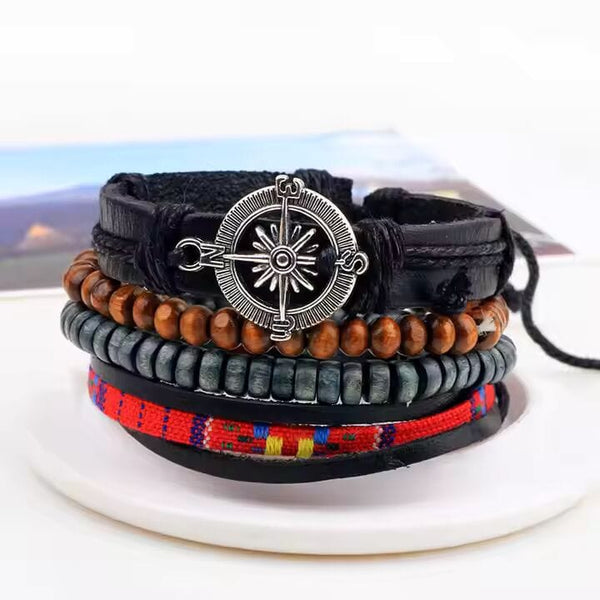ADVENTURE STACK  -  4 Pcs Genuine Braided Leather Bracelet Set for Men & Boys (8 inch)