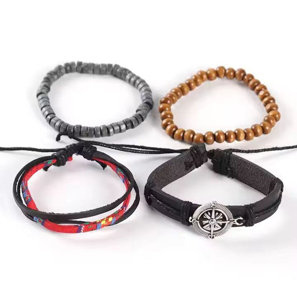 ADVENTURE STACK  -  4 Pcs Genuine Braided Leather Bracelet Set for Men & Boys (8 inch)