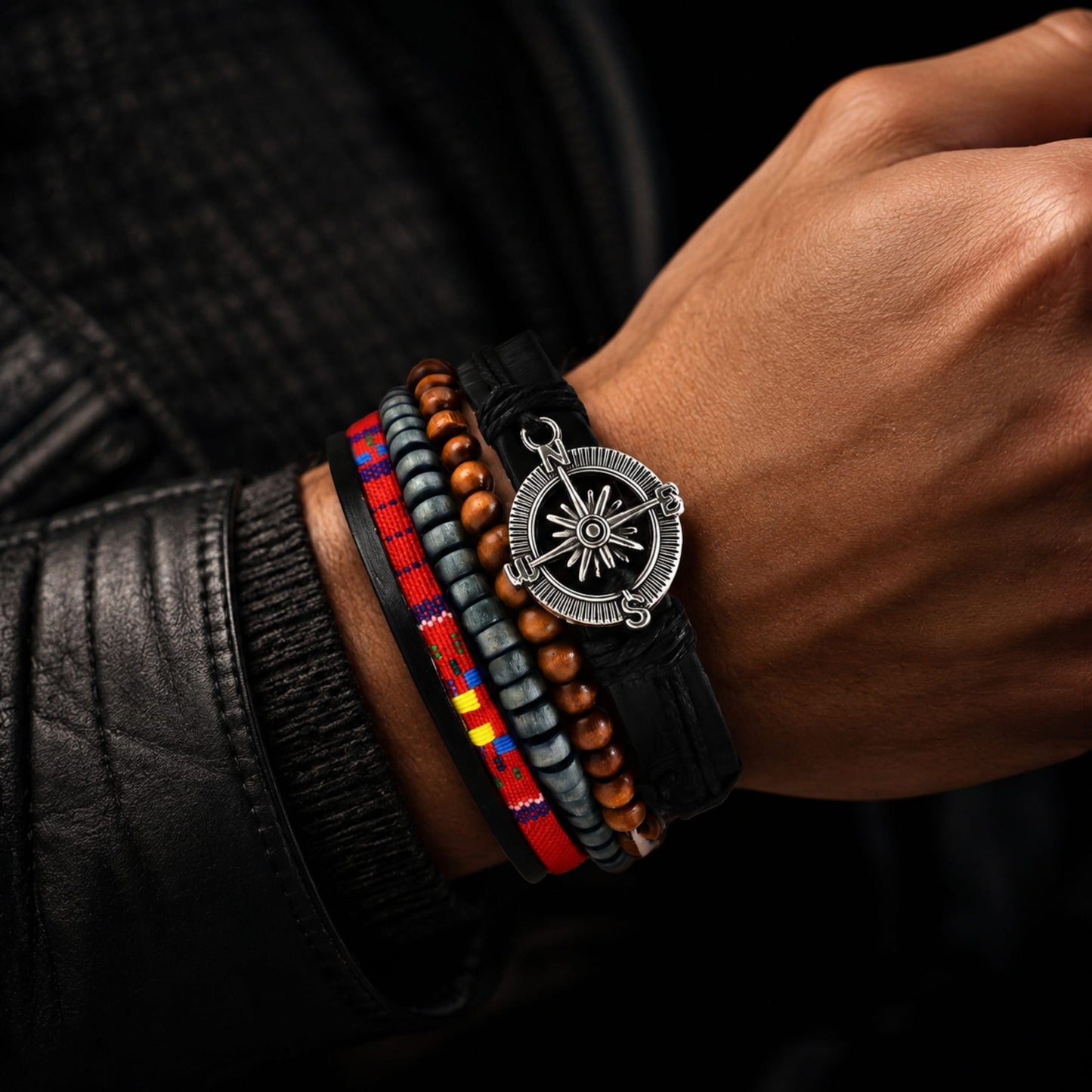 THE MEN THING Leather Bracelet ADVENTURE STACK -  4 Pcs Genuine Braided Leather Bracelet Set for Men & Boys (8 inch)