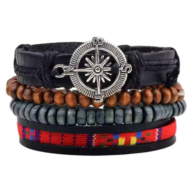 THE MEN THING Leather Bracelet ADVENTURE STACK Set of 4 Genuine Braided Leather Adjustable Bracelets for Men & Boys – 8 Inch