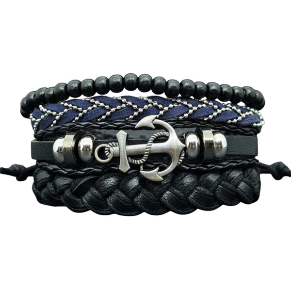 ANCHOR ARMOUR - 4 Pcs Genuine Leather Adjustable Bracelet Set for Men & Boys (8 inch)