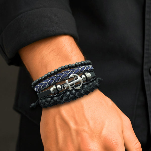 ANCHOR ARMOUR - 4 Pcs Genuine Leather Adjustable Bracelet Set for Men & Boys (8 inch)
