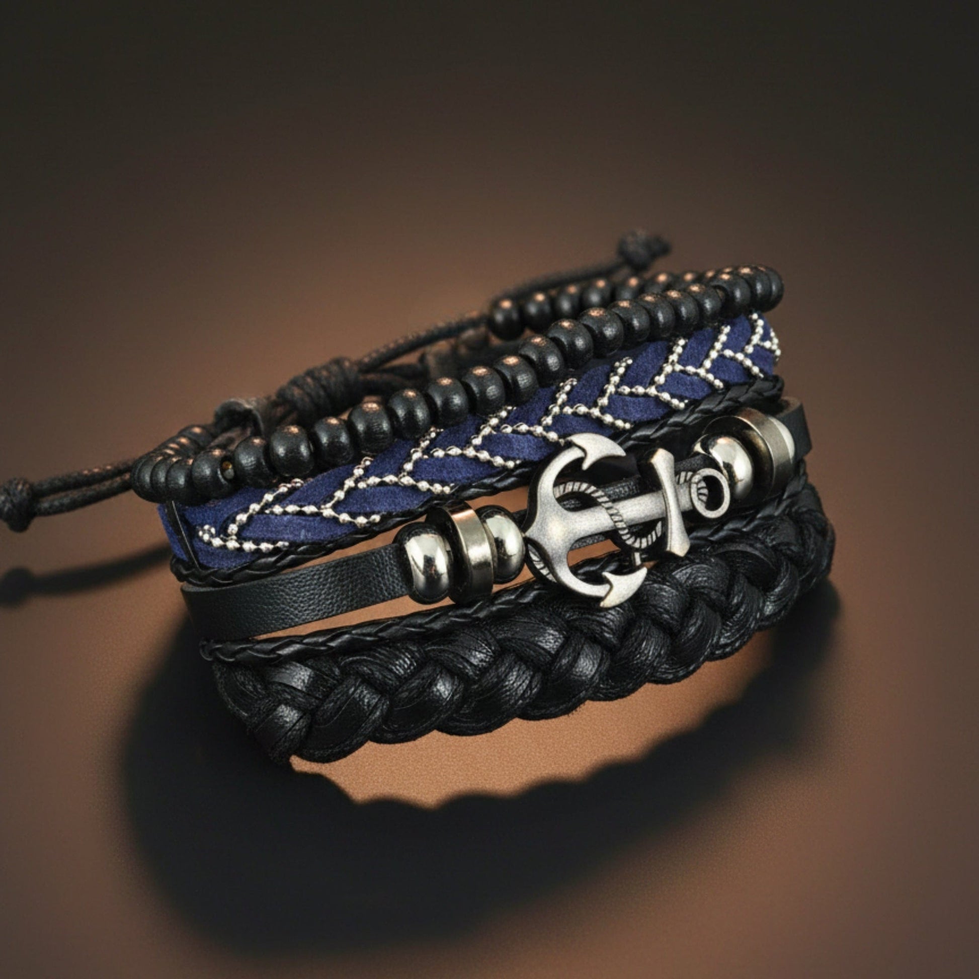 THE MEN THING Leather Bracelet ANCHOR ARMOUR - 4 Pcs Genuine Leather Adjustable Bracelet Set for Men & Boys (8 inch)