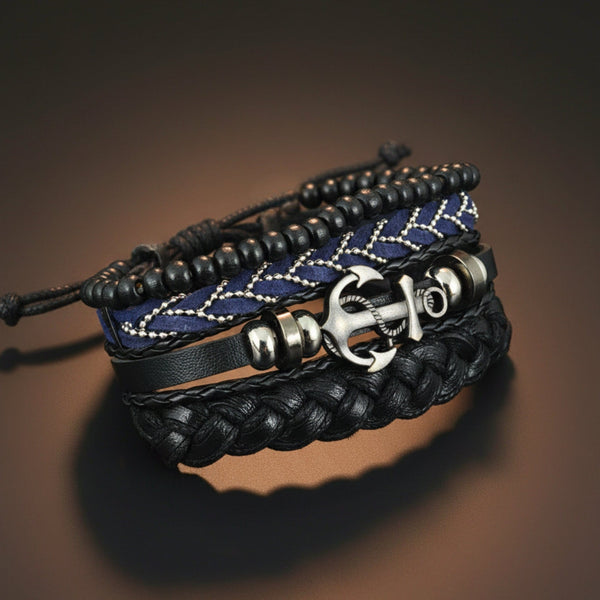 ANCHOR ARMOUR - 4 Pcs Genuine Leather Adjustable Bracelet Set for Men & Boys (8 inch)