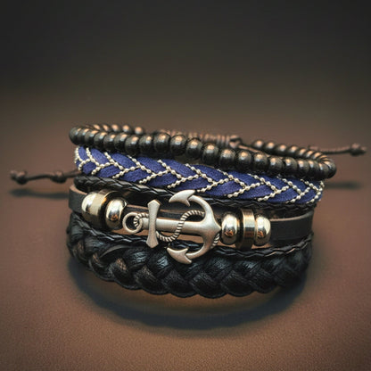 THE MEN THING Leather Bracelet ANCHOR ARMOUR - 4 Pcs Genuine Leather Adjustable Bracelet Set for Men & Boys (8 inch)