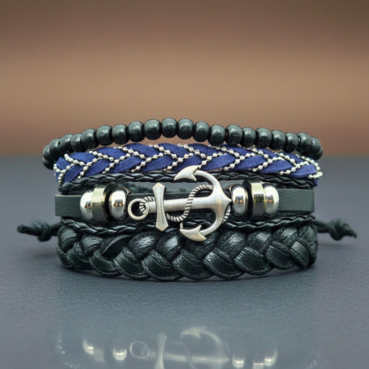 THE MEN THING Leather Bracelet ANCHOR ARMOUR - 4 Pcs Genuine Leather Adjustable Bracelet Set for Men & Boys (8 inch)