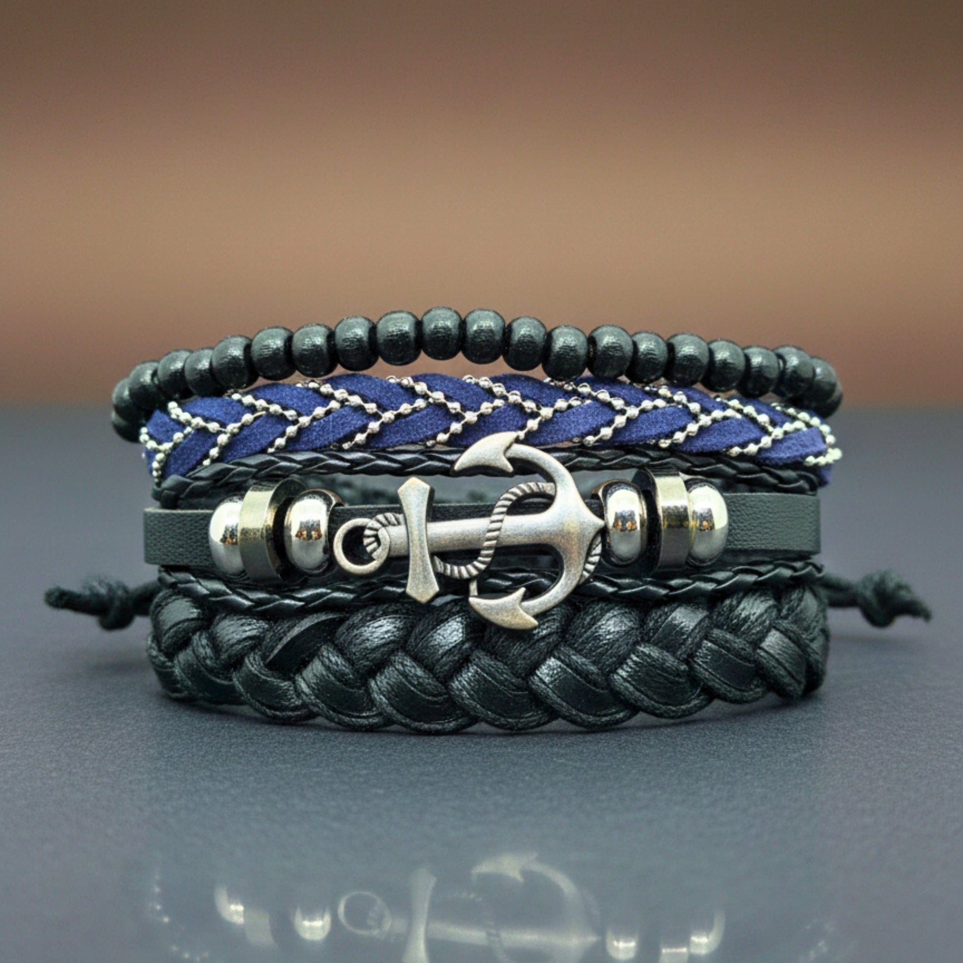 THE MEN THING Leather Bracelet ANCHOR ARMOUR - 4 Pcs Genuine Leather Adjustable Bracelet Set for Men & Boys (8 inch)