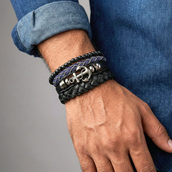 ANCHOR ARMOUR - 4 Pcs Genuine Leather Adjustable Bracelet Set for Men & Boys (8 inch)