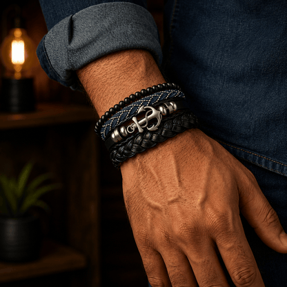 THE MEN THING Leather Bracelet ANCHOR ARMOUR - 4 Pcs Genuine Leather Adjustable Bracelet Set for Men & Boys (8 inch)