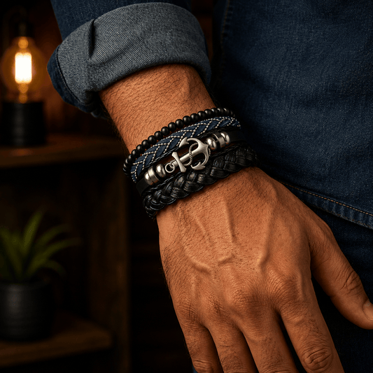 THE MEN THING Leather Bracelet ANCHOR ARMOUR - 4 Pcs Genuine Leather Adjustable Bracelet Set for Men & Boys (8 inch)