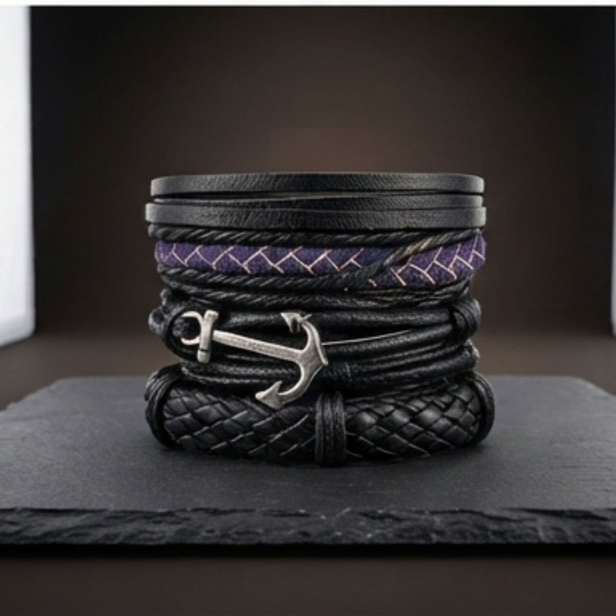 THE MEN THING Leather Bracelet ANCHOR ARMOUR - 4 Pcs Genuine Leather Adjustable Bracelet Set for Men & Boys (8 inch)