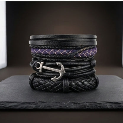 THE MEN THING Leather Bracelet ANCHOR ARMOUR - 4 Pcs Genuine Leather Adjustable Bracelet Set for Men & Boys (8 inch)