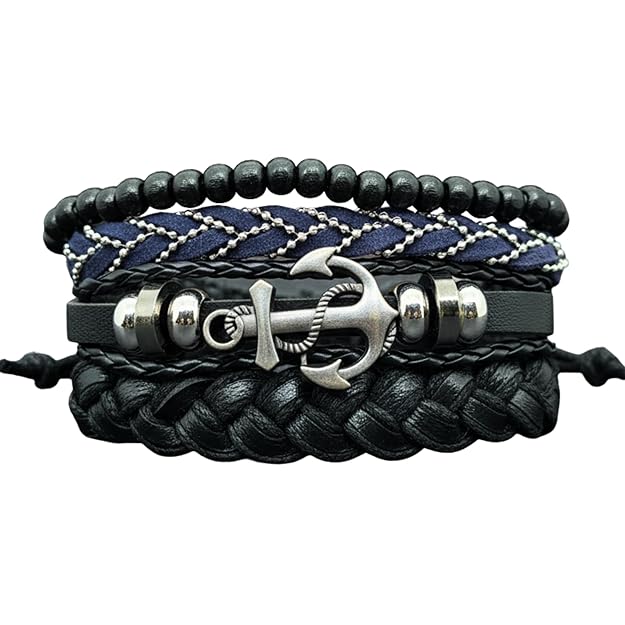 THE MEN THING Leather Bracelet ANCHOR ARMOUR Set of 4 Genuine Braided Leather Adjustable Bracelets for Men & Boys – 8 Inch