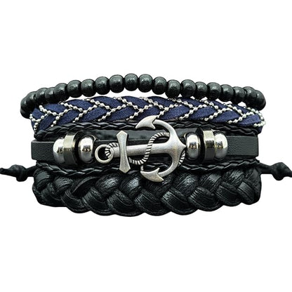 THE MEN THING Leather Bracelet ANCHOR ARMOUR Set of 4 Genuine Braided Leather Adjustable Bracelets for Men & Boys – 8 Inch
