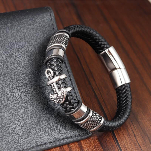 एंकर क्रैकन ब्लैक - पुरुषों और लड़कों के लिए स्टेनलेस स्टील मैग्नेटिक बकल के साथ असली लेदर ब्रेडेड ब्रेसलेट (8 इंच)