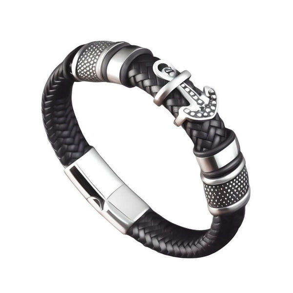 एंकर क्रैकन ब्लैक - पुरुषों और लड़कों के लिए स्टेनलेस स्टील मैग्नेटिक बकल के साथ असली लेदर ब्रेडेड ब्रेसलेट (8 इंच)