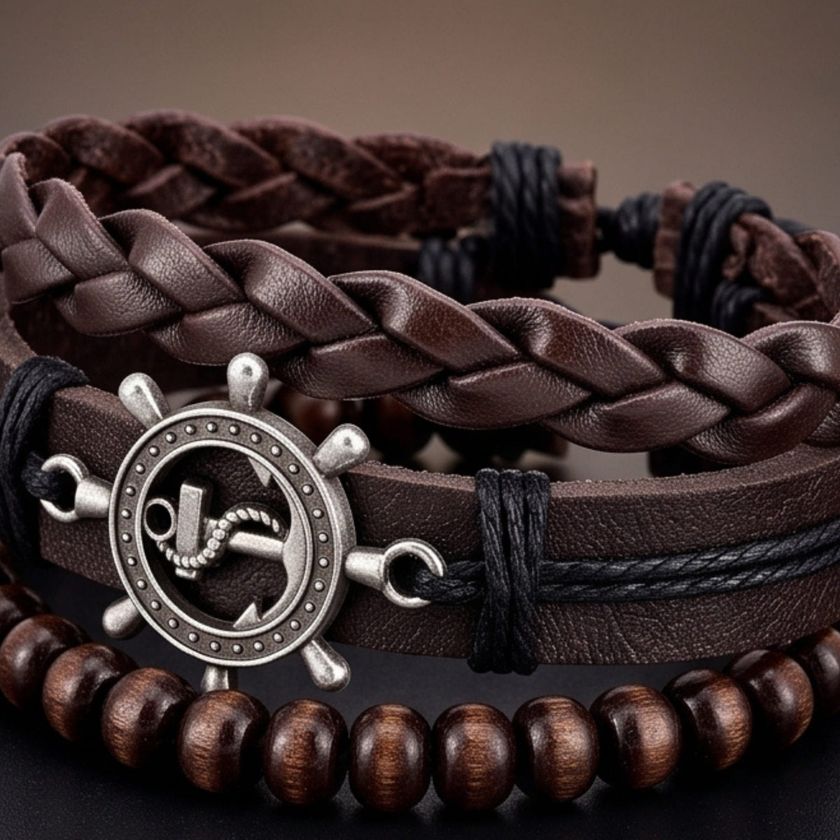 THE MEN THING Leather Bracelet ANCHOR WHEEL - 3Pcs Genuine Leather Adjustable Bracelets Set for Men & Boys