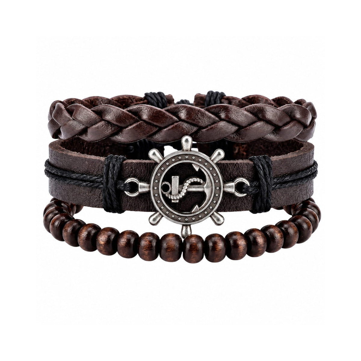 THE MEN THING Leather Bracelet ANCHOR WHEEL - 3Pcs Genuine Leather Adjustable Bracelets Set for Men & Boys