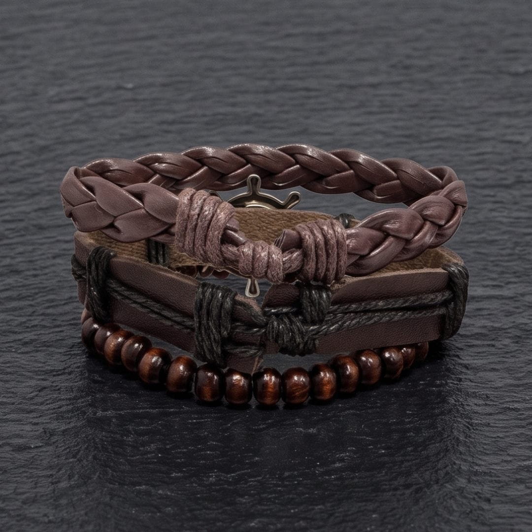 THE MEN THING Leather Bracelet ANCHOR WHEEL - 3Pcs Genuine Leather Adjustable Bracelets Set for Men & Boys