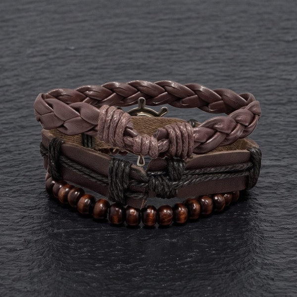 ANCHOR WHEEL - 3Pcs Genuine Leather Adjustable Bracelets Set for Men & Boys