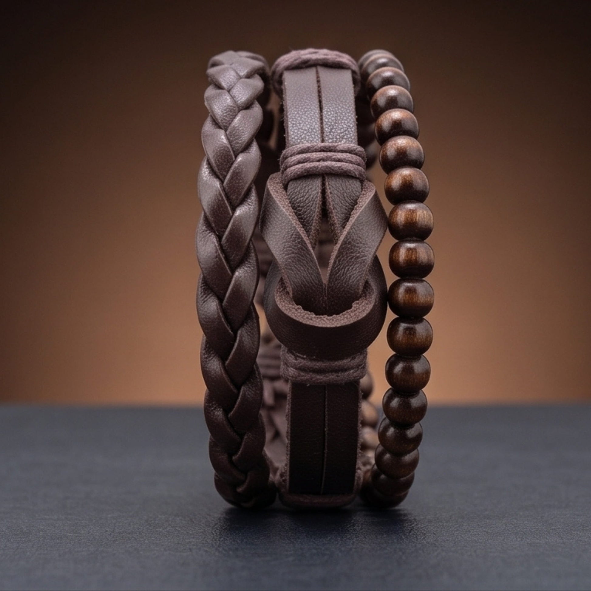 THE MEN THING Leather Bracelet ANCIENT CREST - 3Pcs Genuine Leather Adjustable Bracelets Set for Men & Boys