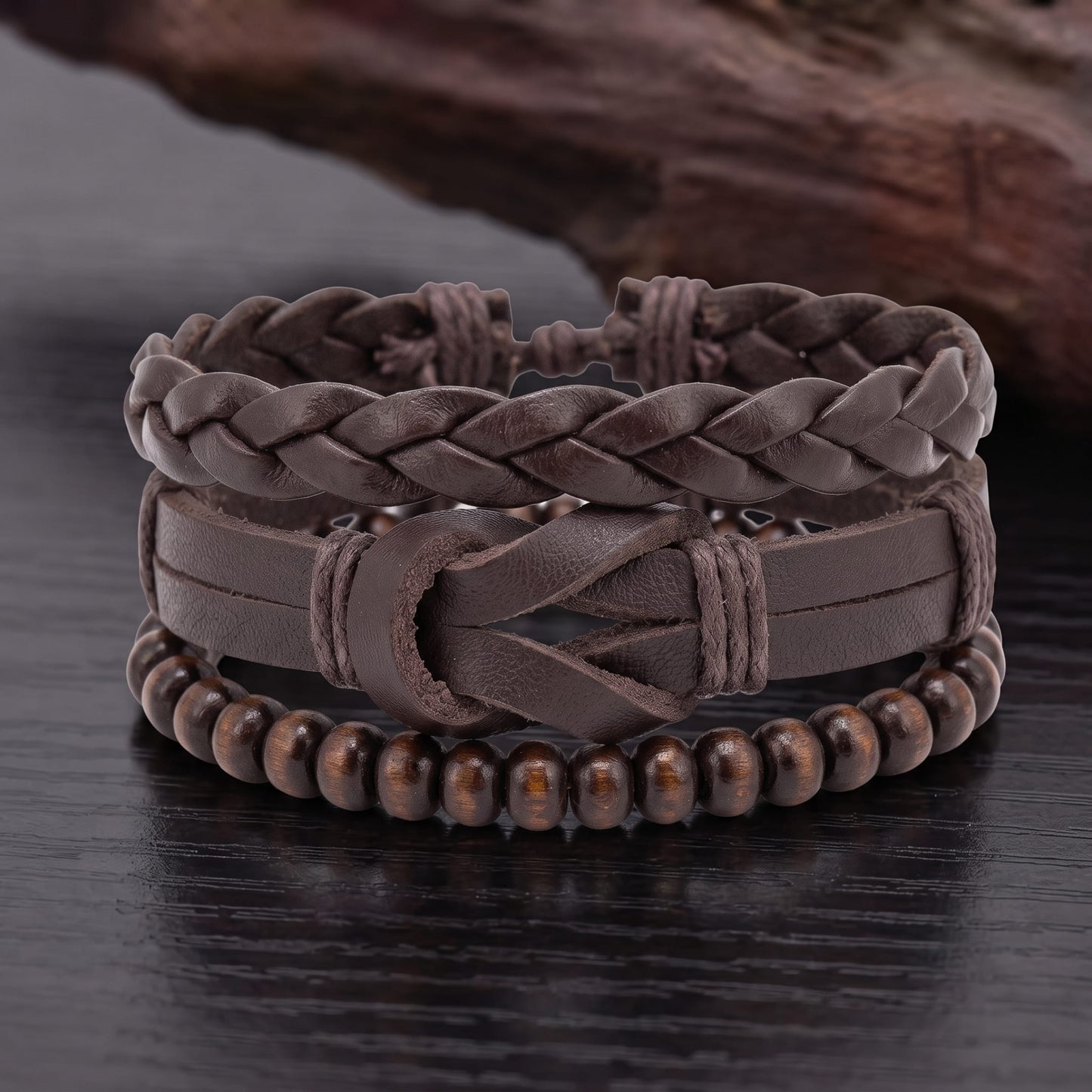 THE MEN THING Leather Bracelet ANCIENT CREST - 3Pcs Genuine Leather Adjustable Bracelets Set for Men & Boys